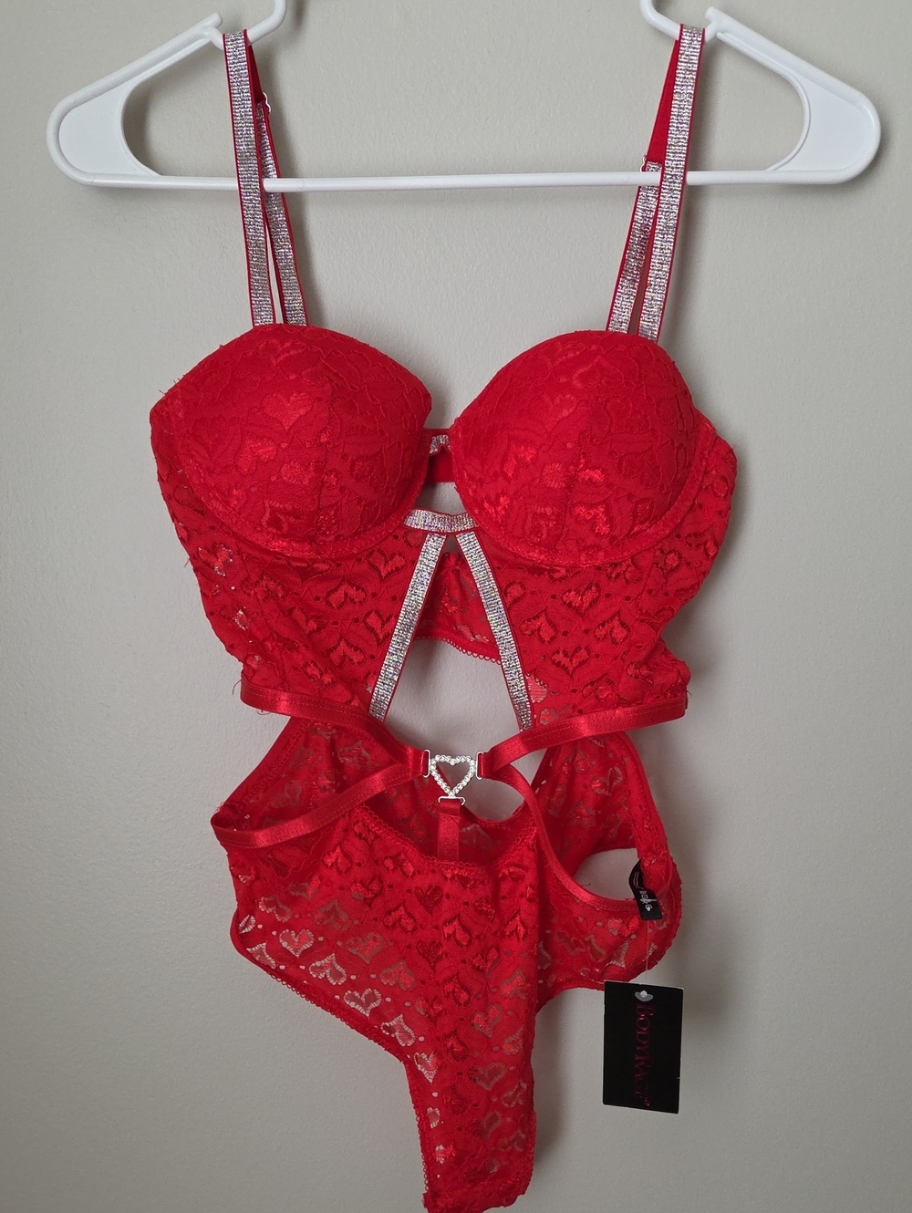 BodyRage Red Lace Strappy Heart-Accent Teddy Bodysuit